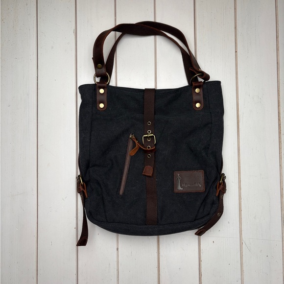 Canvas Tote/Convertible Backpack with Leather Accents - Picture 9 of 11